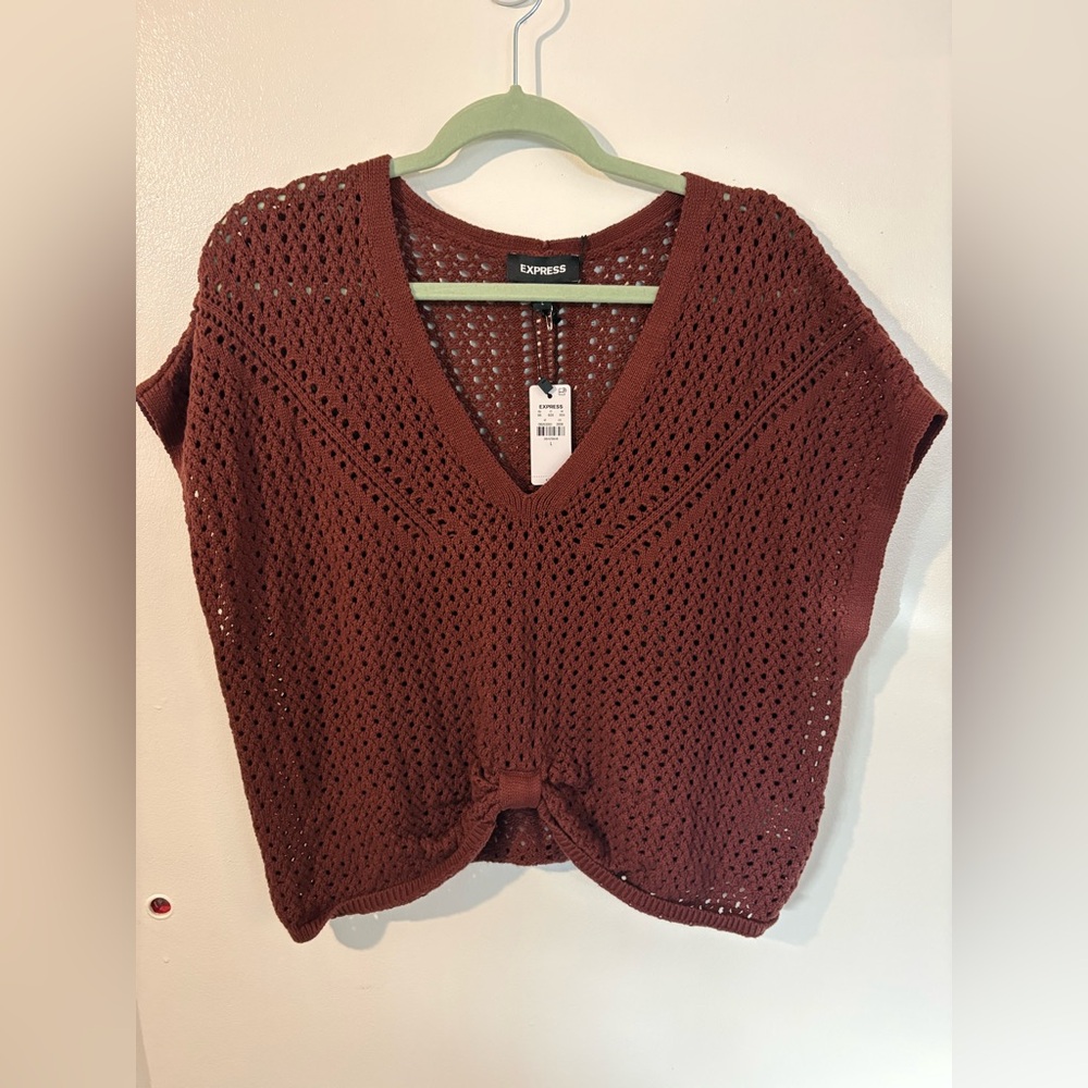 Express 🌹 Brick Knit Crochet V-Neck Sweater Top NWT